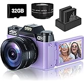 Digital Camera for Photography,4K 56MP Vlogging Camera for YouTube,3" 180° Flip Screen,16X Digital Zoom and Autofocus,52mm Wide Angle & Macro Lens,32G Micro SD Card and 2 Batteries(Purple)