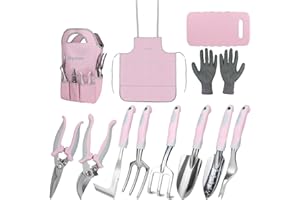 Pink Garden Tool Sets 12 Pieces, iHansee Aluminum Gardening Hand Tools with Non-Slip Handle, Kneeling Pad, Apron, Gloves and Organizer Bag, Landscaping Tools - Gift for Women & Garden Enthusiasts