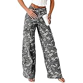 loveimgs Women Casual Camo Print Denim Pants Y2k Wide Leg Cargo Jeans Flare Distressed Camouflage Jeans Sweatpants Pockets