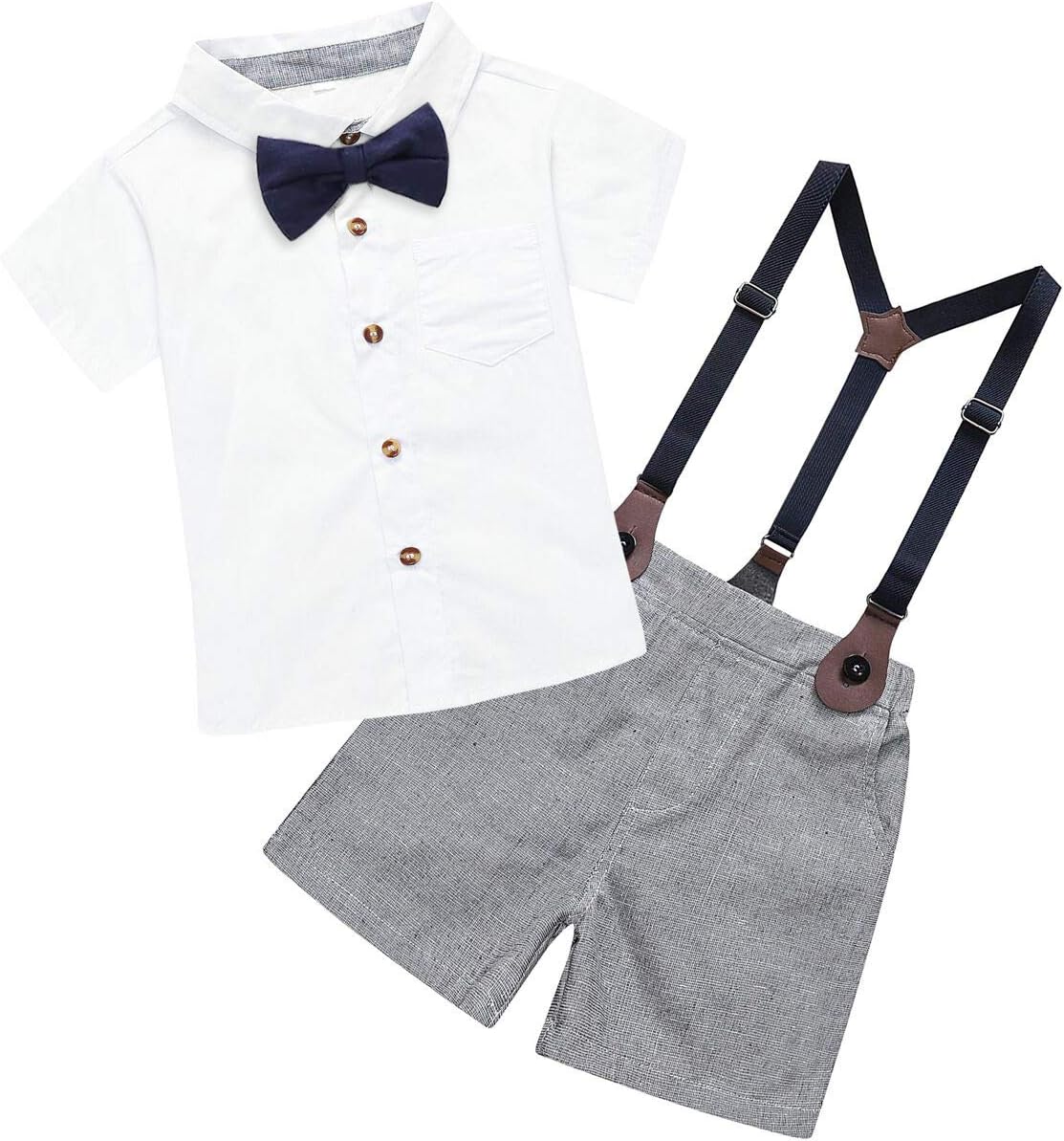 Baby Boys Gentleman Suit Clothes, Dress Shirt with Bowtie + Suspender Shorts