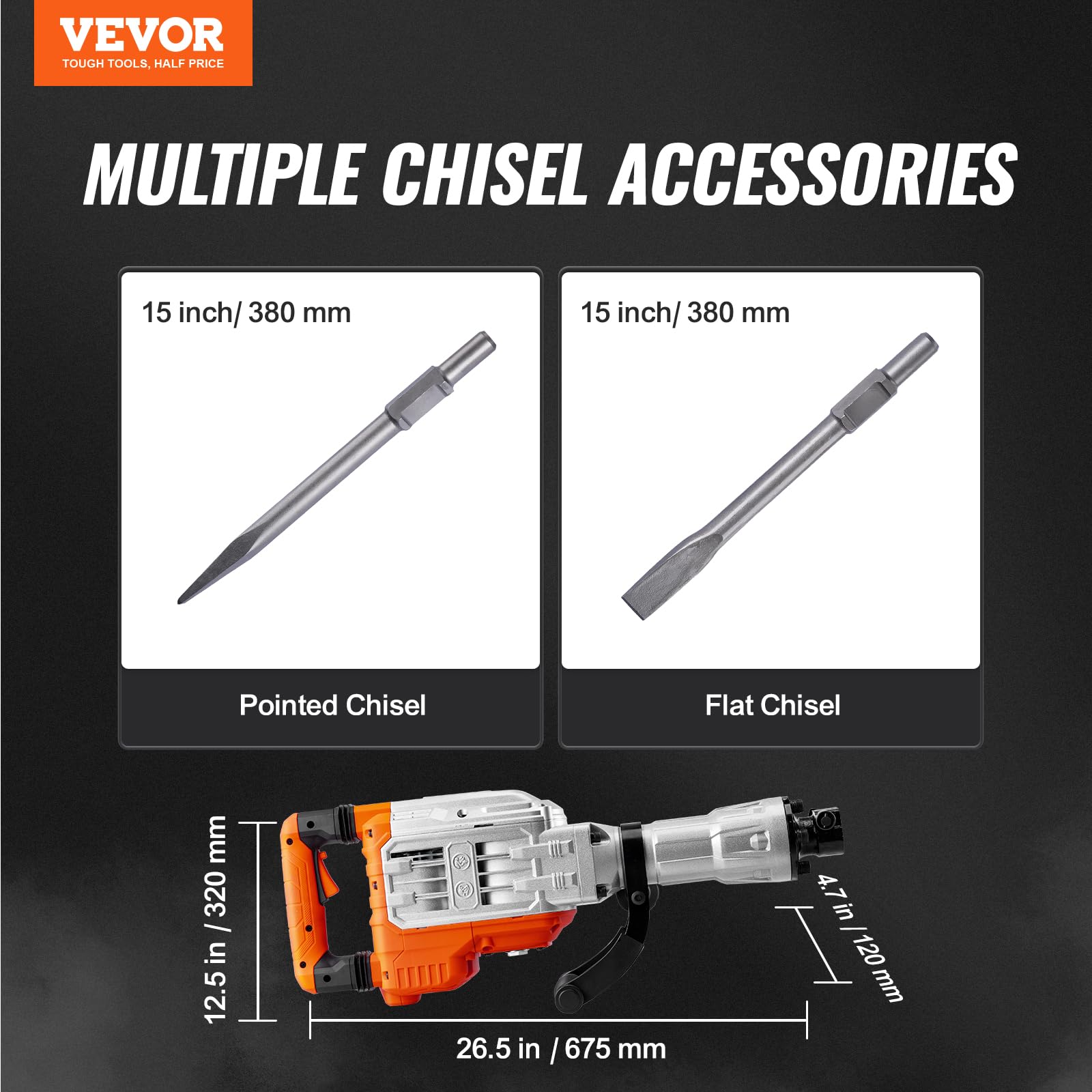 VEVOR Demolition Jack Hammer, MAX 3500W Jack Hammer Concrete Breaker, 1900 BPM Heavy Duty Electric Jack Hammer, 2pcs Chisel with Gloves & 360°C Swiveling Front Handle for Trenching Breaking Holes