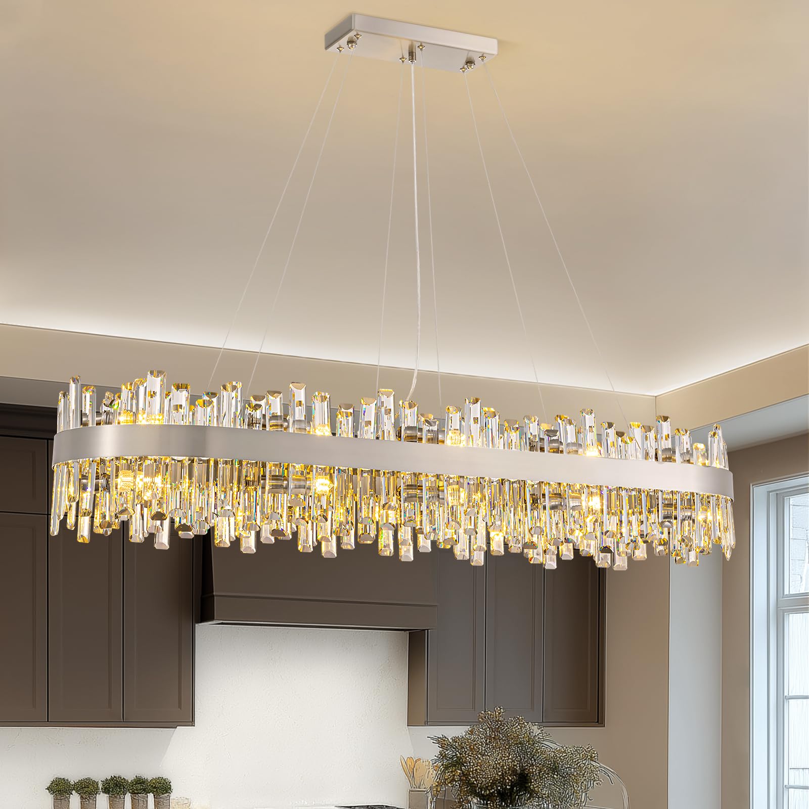 Photo 1 of Siljoy Large Rectangular Crystal Chandelier, Modern Oval Brushed Nickel 2-Tiers K9 Crystal Raindrop Chandelier Ceiling Light for Dining Room, Living Room Kitchen Island Bar, E12 x 20, L52''