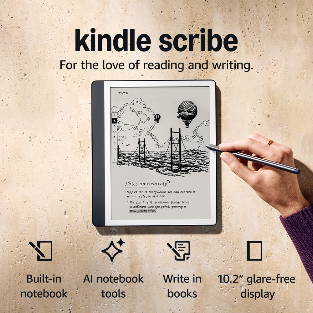 Amazon Kindle Scribe (16 GB) – Redesigned display with uniform borders. Now write directly on books and documents. With built-in notebook summarisation. Includes Premium Pen – Tungsten Grey