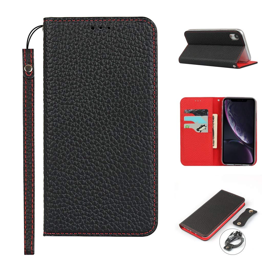 Copmob iPhone XR Case,Genuine Leather Flip Wallet Case,[3 Card Holders][Magnetic][RFID-Blocking],Protective Phone Case Cover for iPhone XR - Black