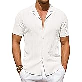 DEMEANOR Mens Short Sleeve Button Down Shirts Textured Linen Shirts for Men Casual Button Up Summer Beach Shirts Vacation