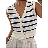 GORGLITTER Women's Striped Button Up Cropped Sweater Vest Sleeveless V Neck Boho Knitted Tank Tops