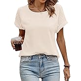 Spriolim Summer Short Sleeve T Shirt for Women Pleated Crew Neck Top Casual Loose Blouses