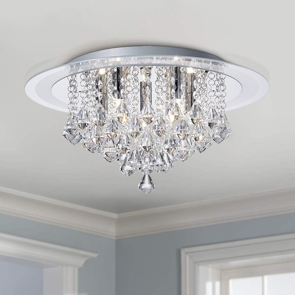 Bestier Modern Chrome Crystal Raindrop Flush Mount Chandelier Lighting