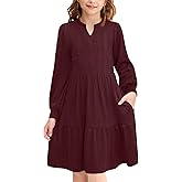 Girls Fall Knit Dresses V Neck Long Puff Sleeve Dress Ruffle Hem with Pockets 6-14 Years