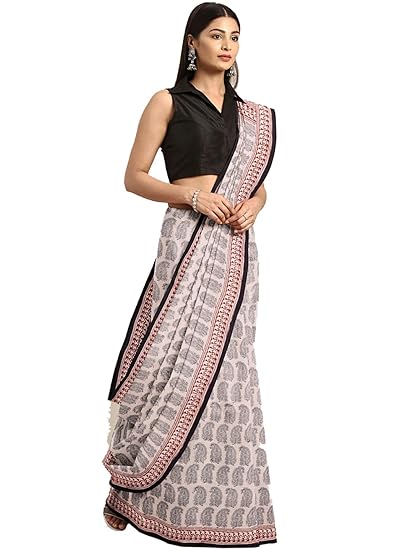 Pure Cotton Off White & Maroon Handblock printed Saree and Blouse MRBASA0020