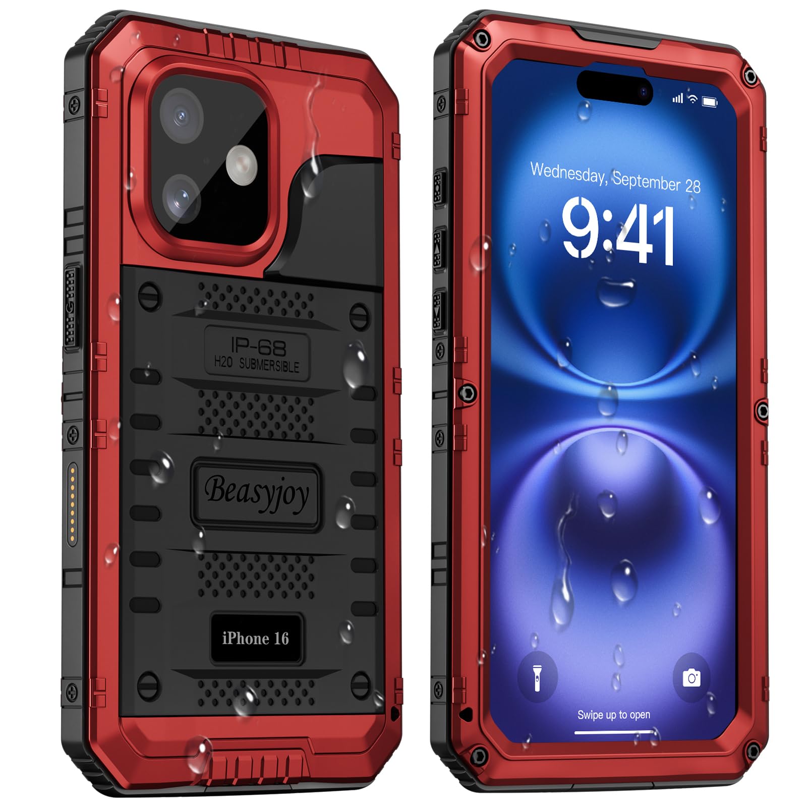 Beasyjoy for iPhone 16 Case Waterproof, Metal Heavy Duty Full Body Protective Case with Built-in Screen Protector, Military Grade Shockproof Dustproof Defender Rugged Cover for iPhone 16 6.1" Red