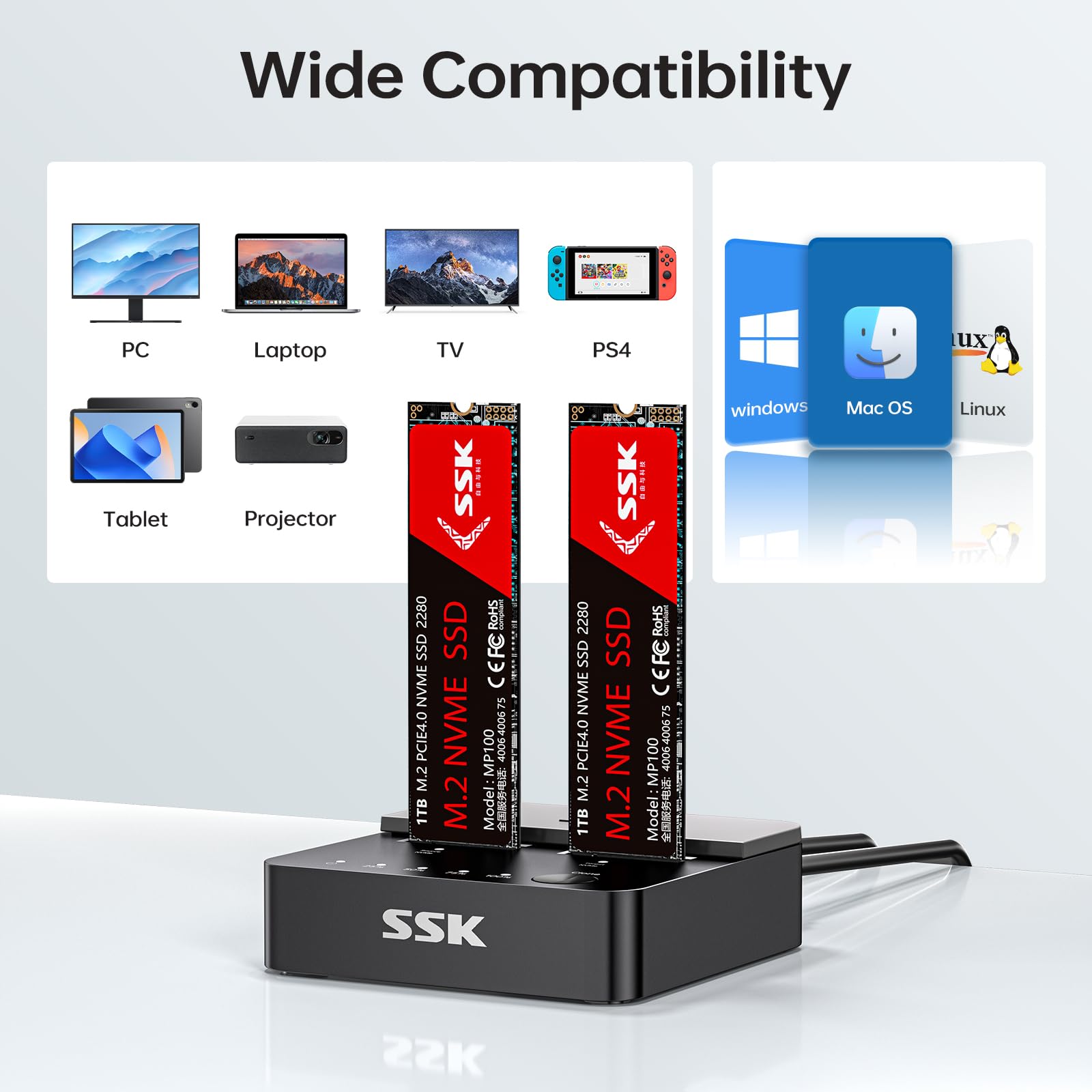 SSK NVMe SSD Cloner, M.2 Duplicator Dual Bay NVMe Enclosure, Tool-Free 20Gbps USB3.2 Gen 2X2 SSD to USB Adapter M.2 Docking Station for M Key PCIE NVMeSSD Reader Supports Offline Clone