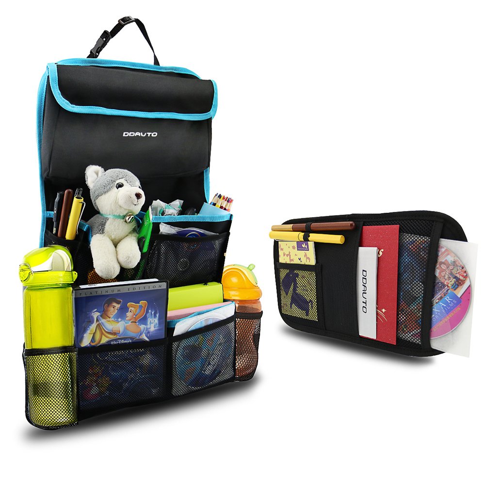 Car Backseat Organizer Storage Bag with Sun Visor Organizer Baby Travel Essentials Holder Kids Toys Accessories