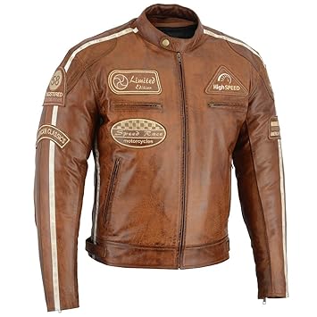 Herren Retro Biker Lederjacke Motorrad Jacke Race Streifen Rockerjacke Chopper, XXL