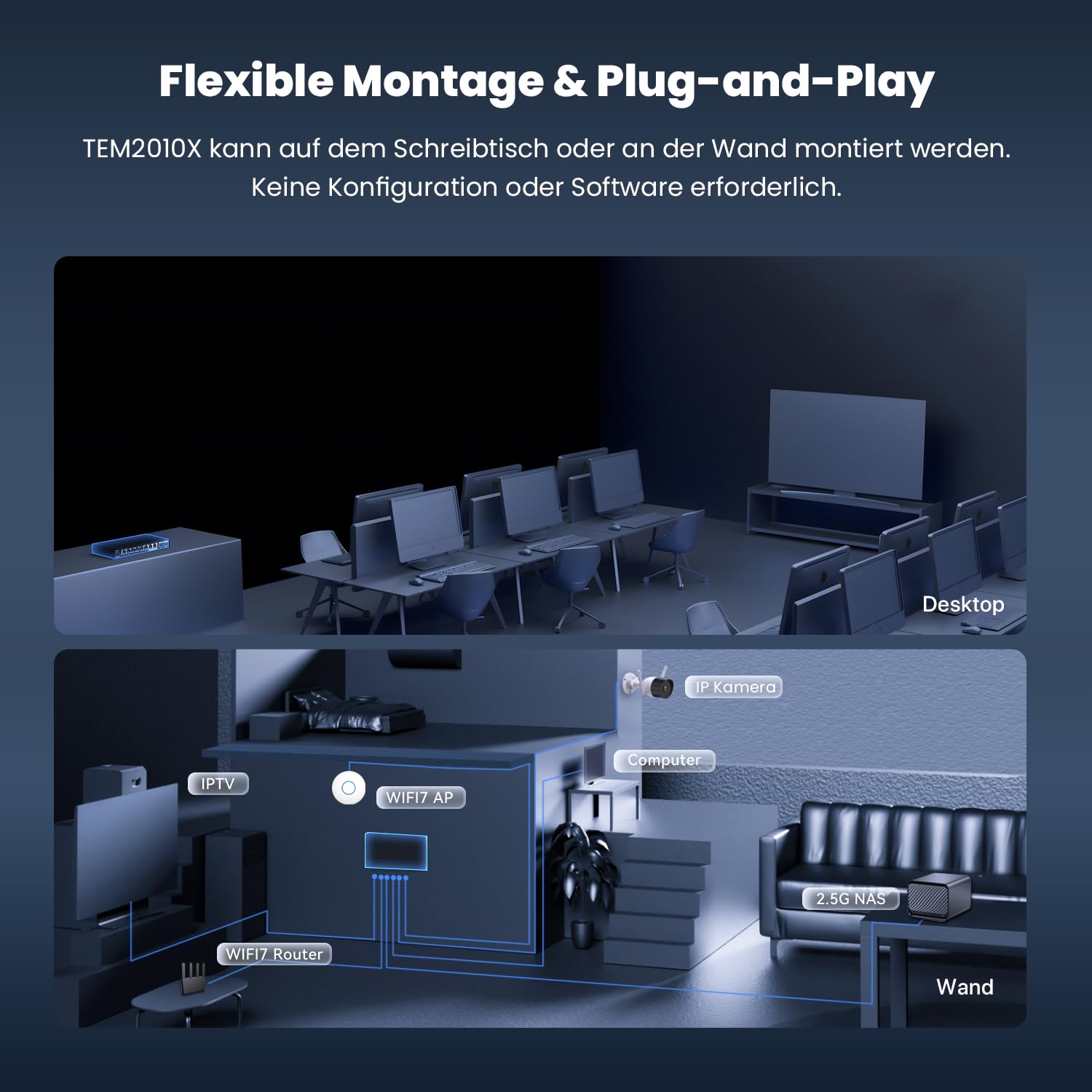 Tenda 2.5 Gbit Switch mit 8X 2.5G Ports & 2X 10G SFP+ Ports (VLAN, Statische Aggregation, Lüfterlos, Plug & Play, Desktop-/Wandmontage, Unmanaged, Metallgehäuse) (TEM2010X) 4