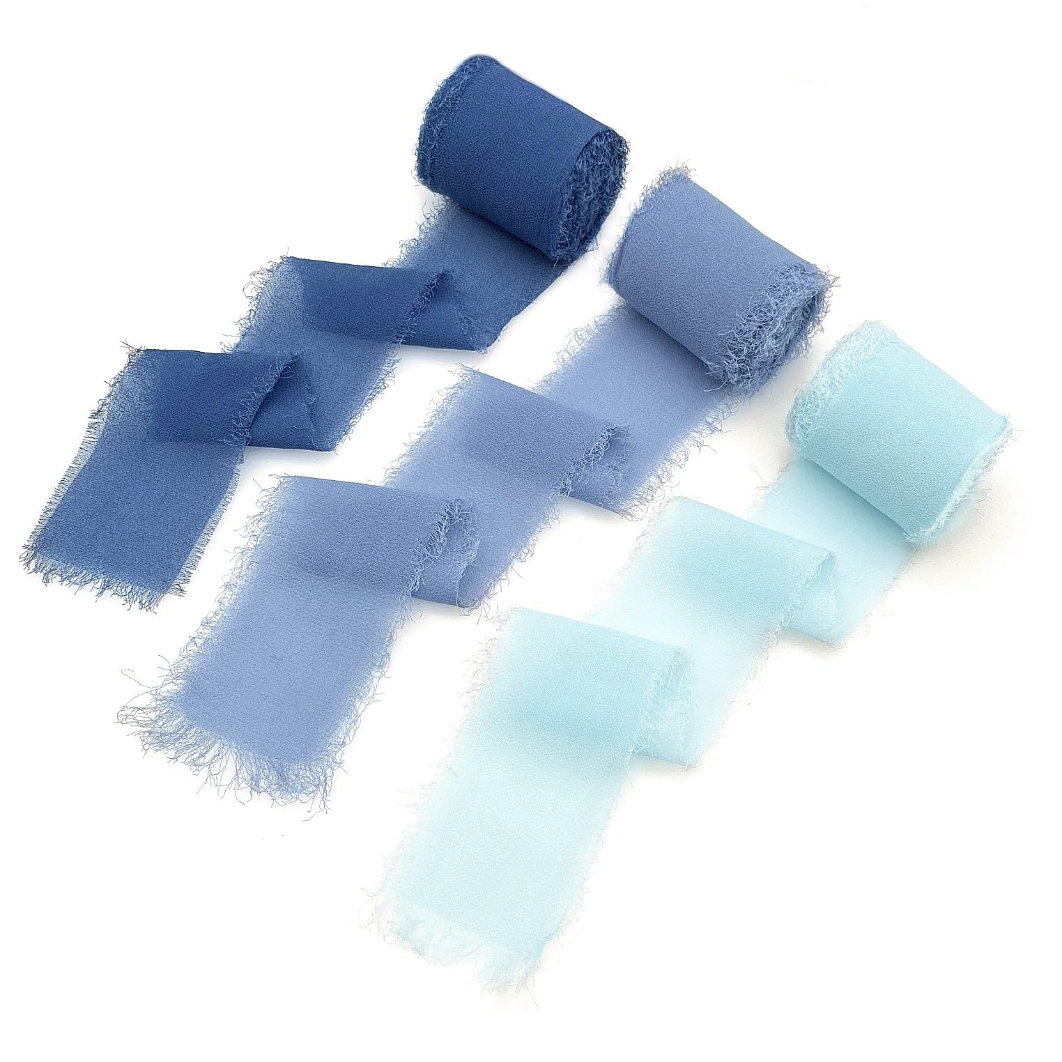 JZK 3X Blue raw Edge Chiffon Ribbon Rolls, 5m/roll, 4cm Wide Frayed Chiffon Gift Ribbons for Presents, Wedding Invitation Ribbon, Gift Wrapping Ribbon Set, Bouquet Ribbon