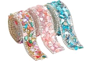 PH PandaHall 1.5 Yard 3 Colors Crystal Rhinestone Trim, 2cm/0.7 Inch Hot Fix Ribbon Gem Stone Beaded Iron On Applique Embelli
