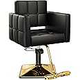 Baasha High-end Salon Chair, Gold & Black, Faux Leather, 360° Swivel, 330 lbs Weight Capacity, Memory Foam Cushion, Arm Rest, Ergonomic, Adjustable Height, Foot Rest, PU Leather