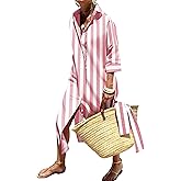 Womens Shirt Dresses Striped Lapel 3/4 Sleeve Maxi Dress Button Down Split Belted