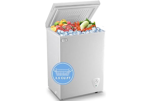 Chest Freezer Small Deep Freezer 3.5 Cu.Ft Mini Freezer Free-Standing Top Door Adjustable 7 Thermostat and Removable Basket Open Deep Freezer Apartment Kitchen, White