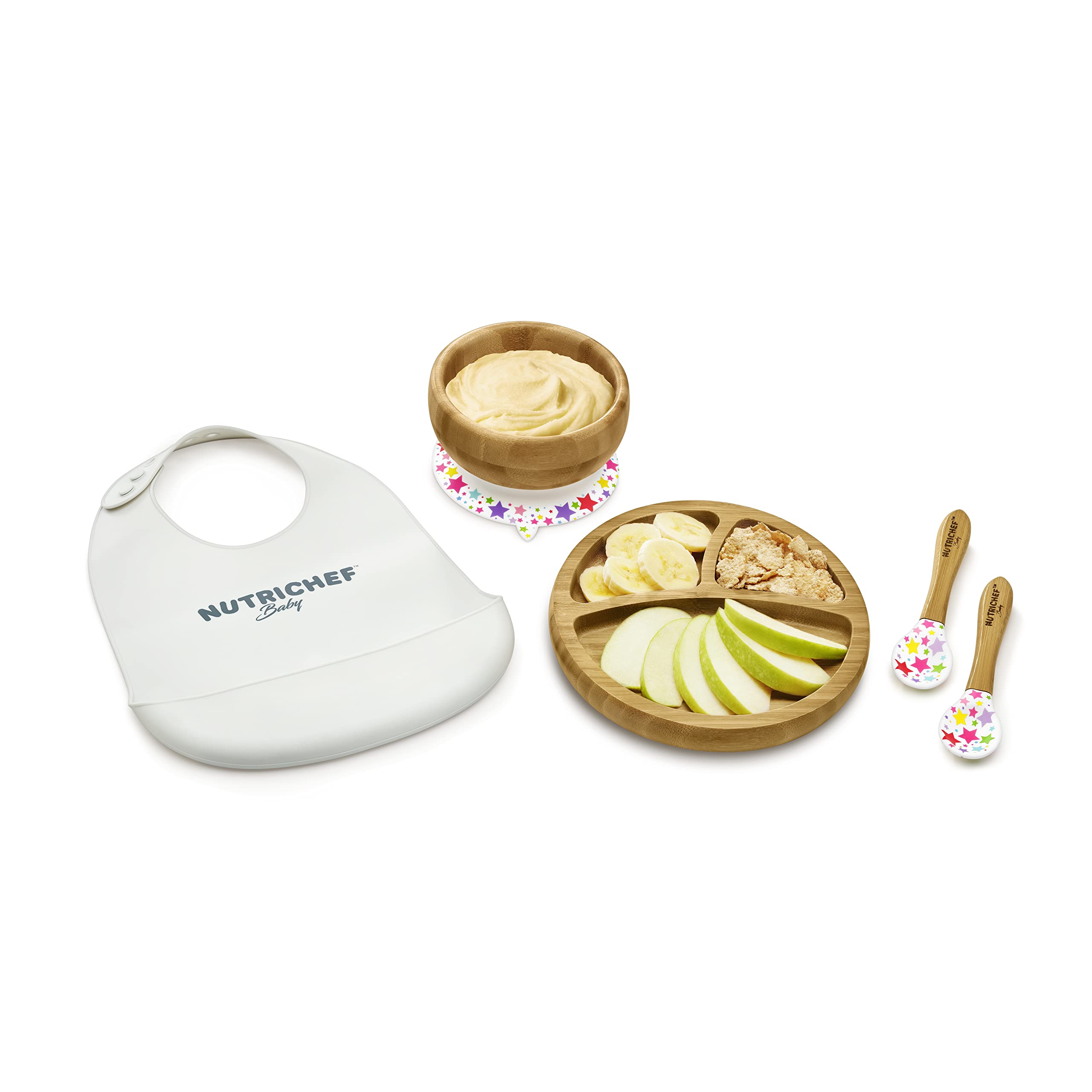 Nutrichef Baby and Toddler, 3 Compartment Plate, Bowl, and Spoon Feeding Set- Silicon Suction, Non-Toxic All Natural Bamboo Baby Food Plate with Silicon Bib
