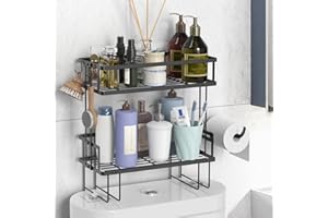 FLOLXNB Over The Toilet Storage Shelf, 2-Tier Bathroom Storage Organizer Upgrade Punch-Free Toliet Storage Shelf, Home Storage Rack with Hooks Shelf,Black