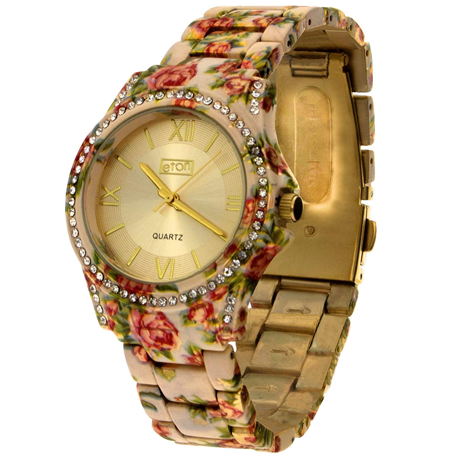 Eton Ladies Sunray Dial Crystal Bezel Cream Floral Bracelet Strap Watch 3250L