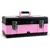 Pink Power Pink Tool Box for Women - 18" Small Metal & Plastic Portable Lightweight Locking Empty Toolbox Chest - Craft Tote Storage Case Organizer for Ladies Mini Tool Set Kit