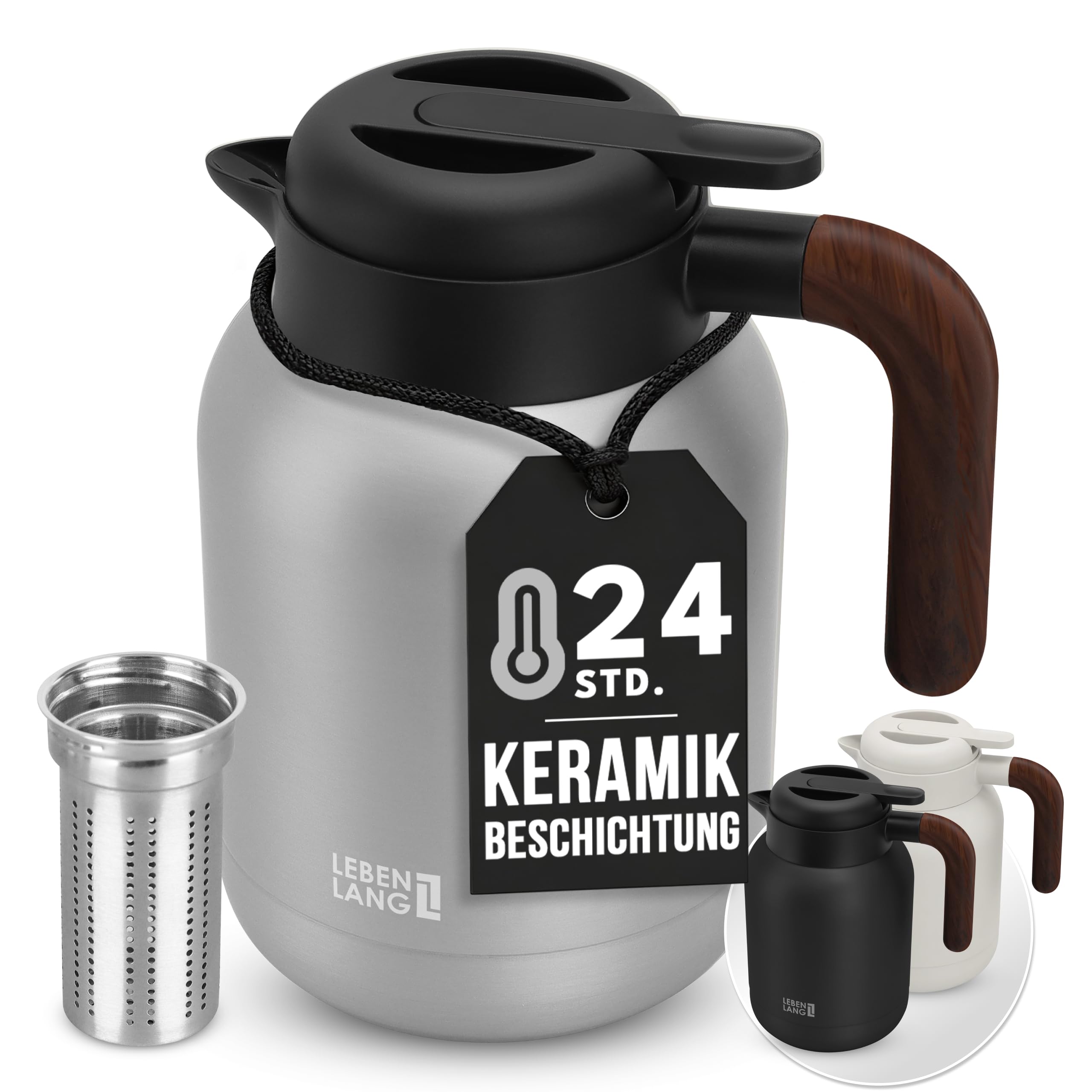 LEBENLANG Thermoskanne 1,5L Keramikbeschichtung - Inkl. Teesieb & 24h Heiß
