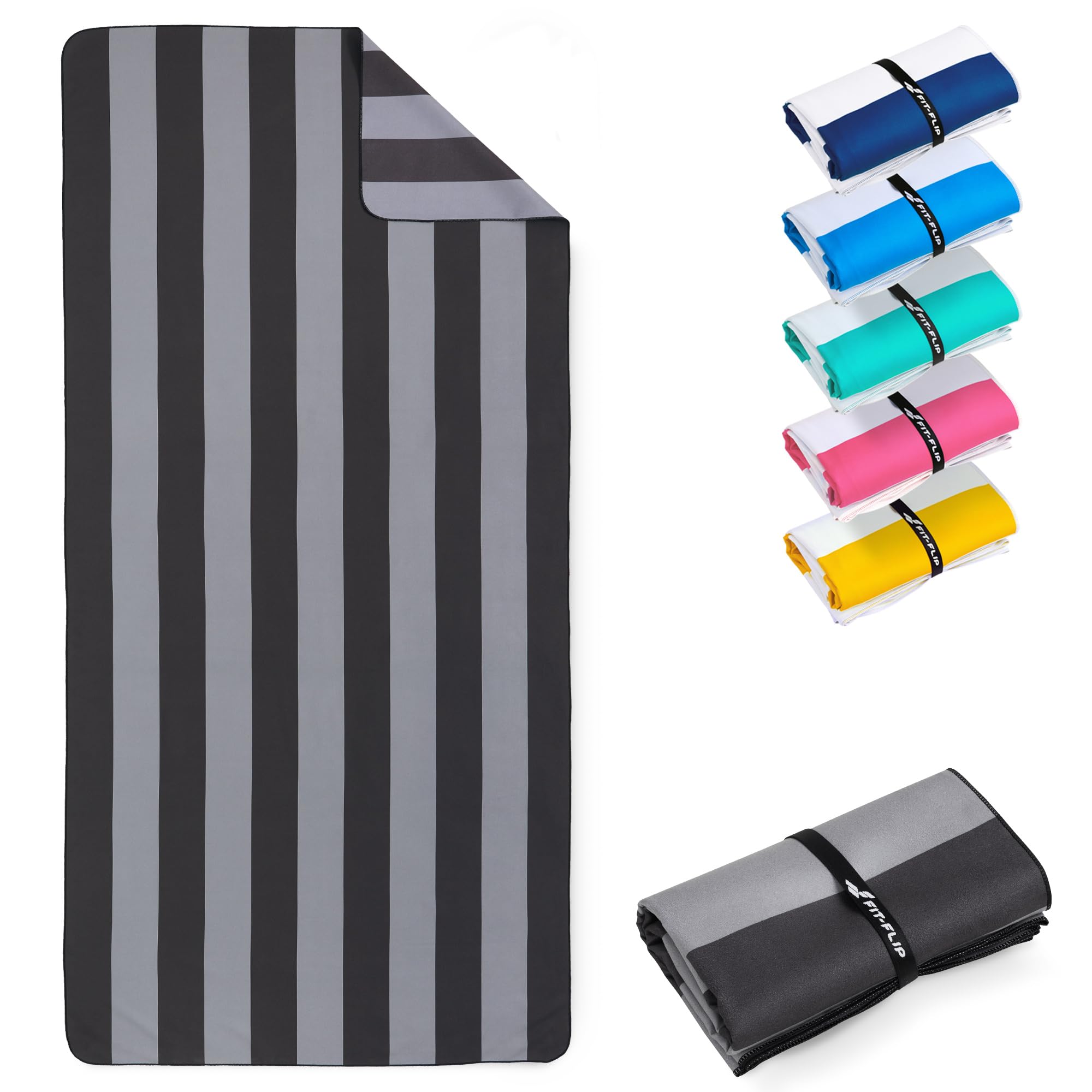 Fit-Flip Beach towel microfibre - large quick dry towels - for travel and swimming - lightweight, compact and super absorbent - sand free, 100% recycled - Darkgrey-Grey stripes 160x90cm