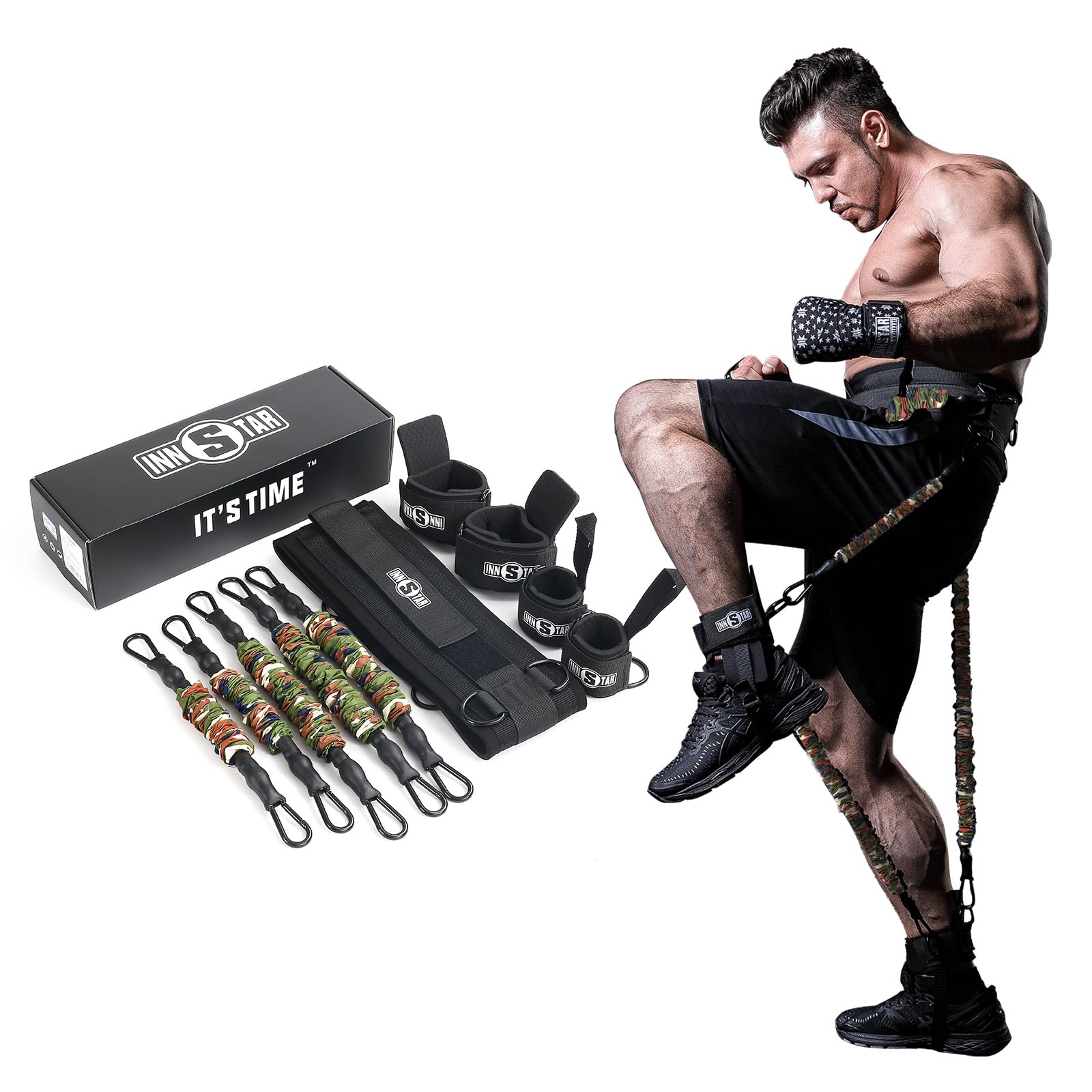 MMA Boxing Training Natural Latex Resistance Band Set Bodybuilding Training Equipment for Men&Women (225LB Camo Army Green)