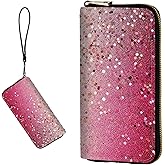 DIGTIALL Women's RFID Blocking Wallet PU Leather Slim Bifold Wristlet Clutch with Large Capacity,16 Card Slots & Zipper Coin Purse Pocket Ladies Travel Purse Wristlet,Pink Glitter