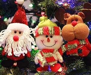 Sleetly Ornaments for Christmas Tree, Plush, Classic Colors, Set of 6, (Snowman/Santa/Reindeer)