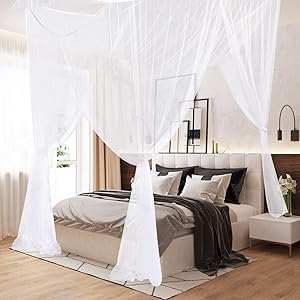 AIFUSI Mosquito Net, King Size Four Corner Post Curtains Bed Canopy for Single to Fits All Cribs and Beds for Adult Bedroom, Kids Rooms, Baby Bassinet, Garden, Camping(White)
