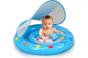 Oukitoymer Baby Pool Float with UPF50+ Sun Protection Canopy, Inflatable Swim Floatie with Animal Toy Play Console and Hand Air Pump, No Flip Over Swimming Floaty for Infants & Toddlers 6-36 Months