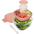 Bentgo Glass All-in-One Salad Container - Large 61-oz Salad Bowl with Lid, 4-Compartment Bento-Style Tray, 3-oz Sauce Container, and Reusable Fork - Dishwasher, Microwave, and Oven Safe (Coral)