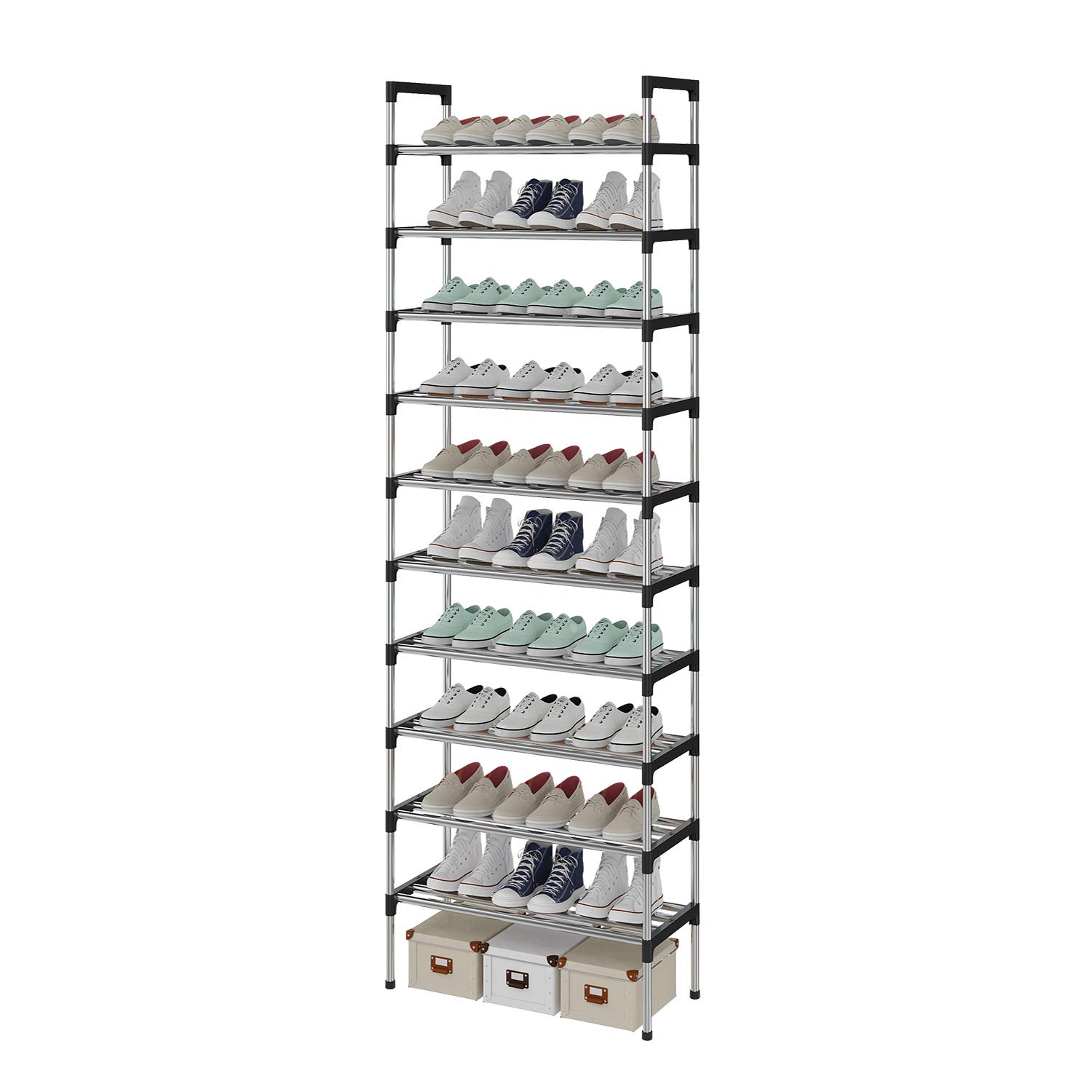 AcornFort® S-508 10 Tiers Silver Adjustable Shoe Storage Tall Rack Organiser Shelf Hold Stand for 30 Pairs Shoe, 56 x 30 x 170cm, Sturdy Design, Space Saving