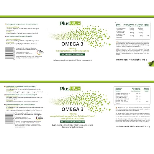 Plusvive - 365 cápsulas de omega 3 con recubrimiento de gelatina de pescado (1000 mg)