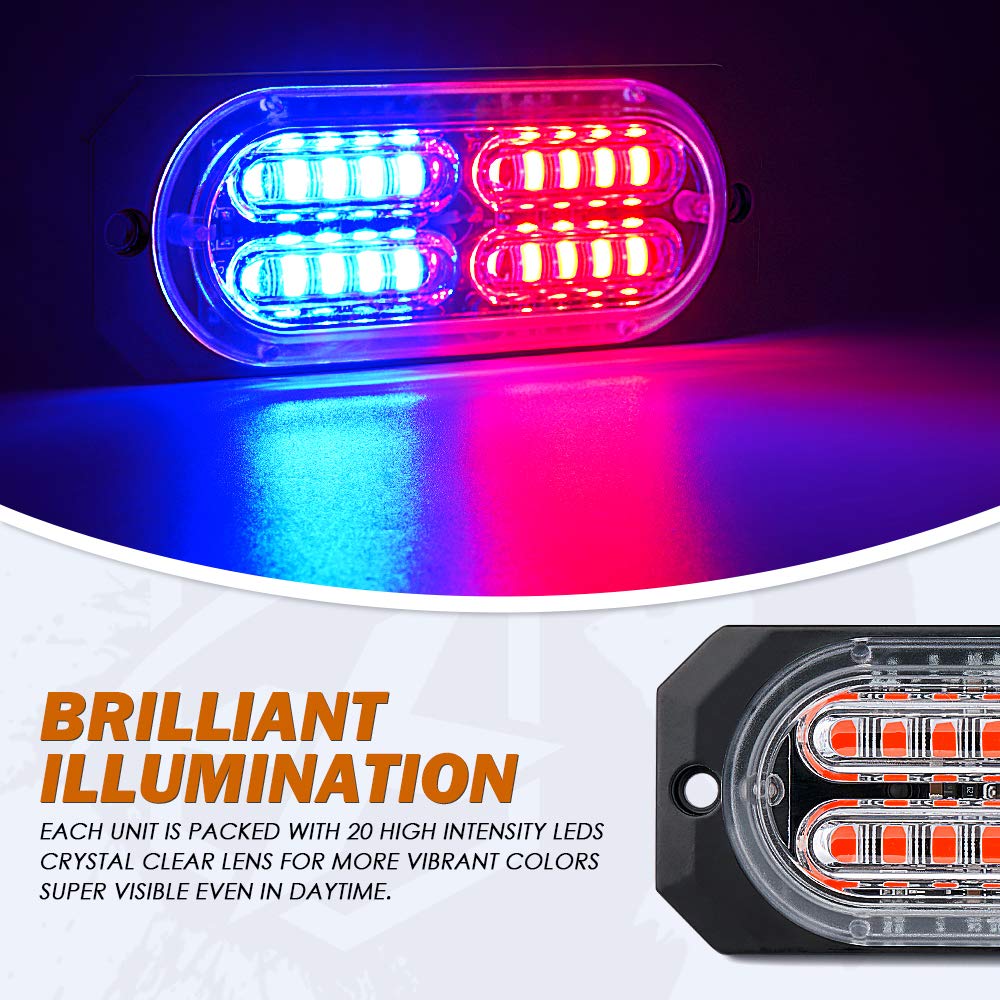 Xprite Red Blue 20 LED Surface Flush Mount Grille Emergency Strobe Lights Kit Deck Dash Grill Side Marker Warning Hazard Flashing Police Light for Firefighter Vehicles Cars SUV ATV Truck Pickup 4PCS