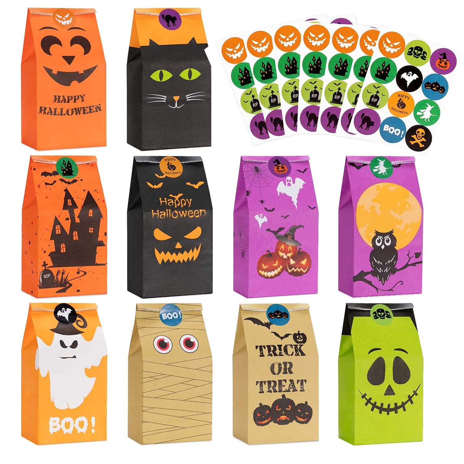 Halloween Treats Bags Party Favors - 50 Pcs Kids Halloween Candy Bags for Trick or Treating + 60 Pcs Halloween Stickers, Mini Paper Gift Bags for Treats Snacks, Halloween Goodie Bags Party Supplies