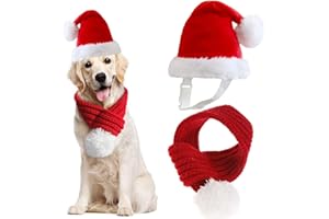 Inscape Data Christmas Dog Santa Hat with Adjustable Scarf, Red Knit Scarf with White Pompom Ball, Dog Winter Neck Warmer, Christmas Party Dressup