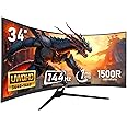Gawfolk 34 Inch Ultrawide Curved 144Hz Gaming Computer Monitor 1500R PC Screen 21:9 UWQHD (3440x1440),Adaptive Sync,178° Viewing Angle,Display Port、HDMI2.0,Compatible with Wall mounting - Black