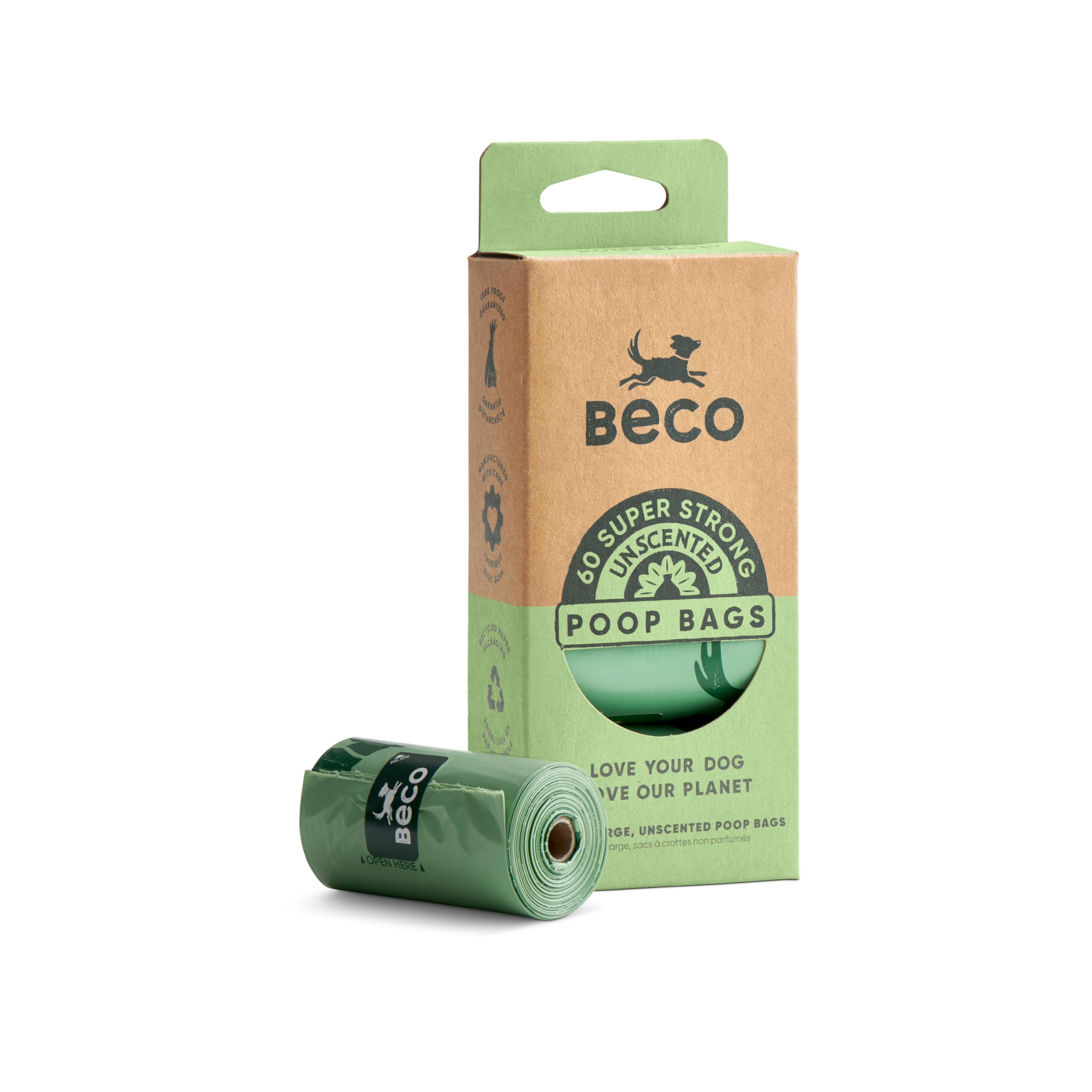 Beco Dog Poo Bags - Strong, Leakproof & Large - 100% Recycled Plastic, Extra Thick Dog Poop Bags, Heavy Duty - Unscented Refill Rolls, 60 Count