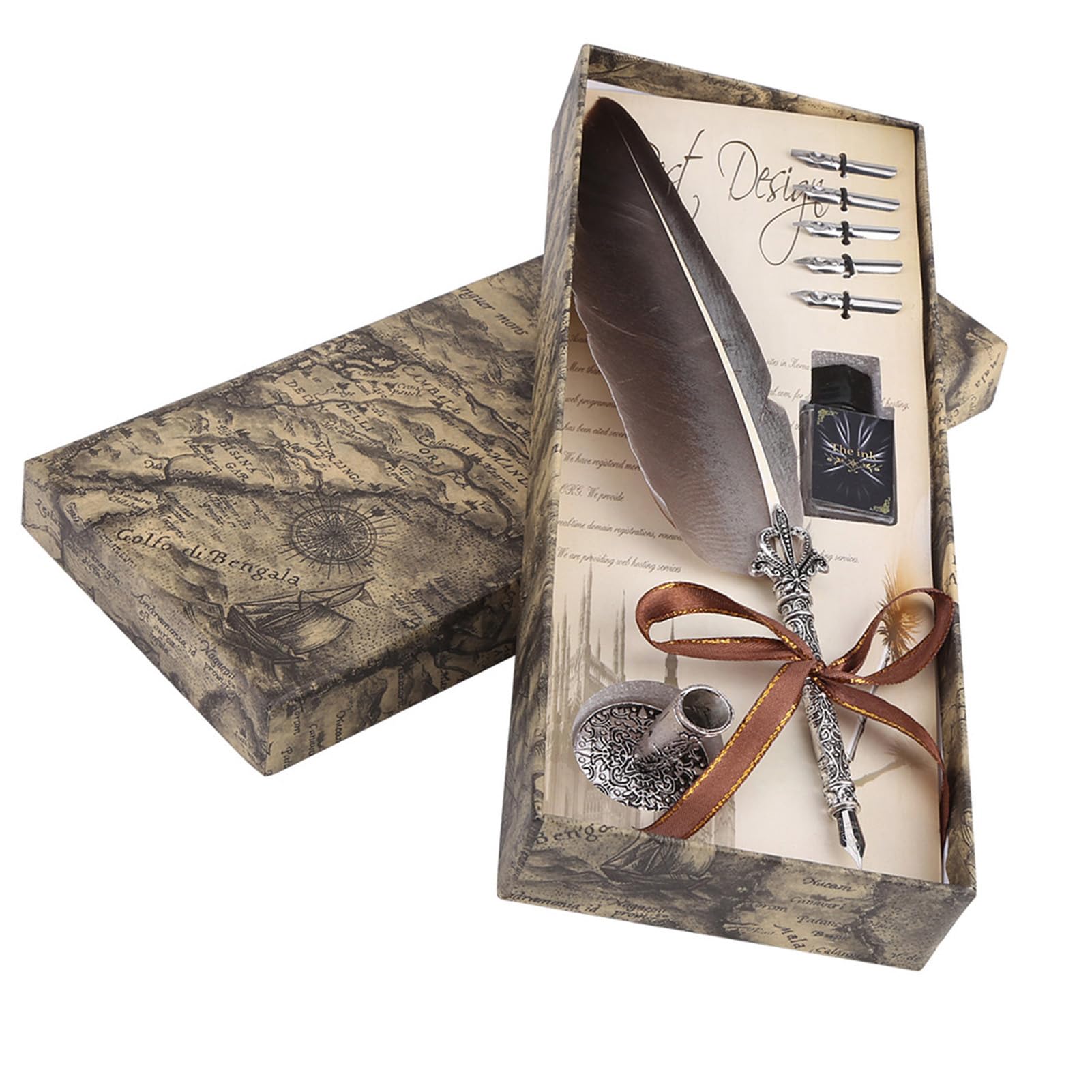 Vintage Feather Pen, Antique English Calligraphy Feather Dip Quill Pen Writing Ink Set, Metal Carving Appearance, Stationery Gift Box with 5 Nibs(Black)