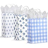 LemonSecret 24 Pcs Blue Floral Gift Bags with Handles Flower Plaid Party Favor Candy Goodie Bags with Wave Edge for Weddings Birthday Bridal Shower Party Supplies, 8.3 x 6 x 3.2 Inches