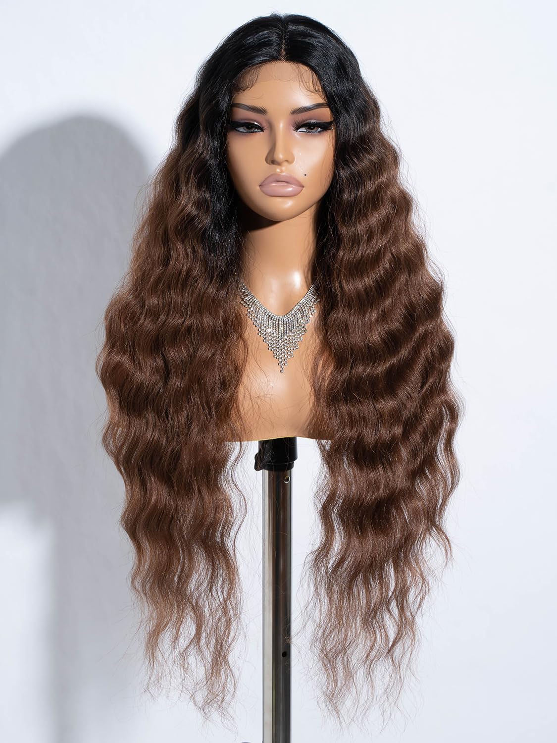 Joedir Lace Front Wig Long Wavy Wigs for Women Ombre Chocolate Brown Synthetic Wig 30 Inches Deep Part Cury Wave Wig Natural Hairline Hair Replacement Wigs for Women — image 1