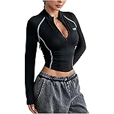 Milumia Women's Letter Print Long Sleeve Crop Top Half Zip Mock Neck Fitted Workout Shirts Tops