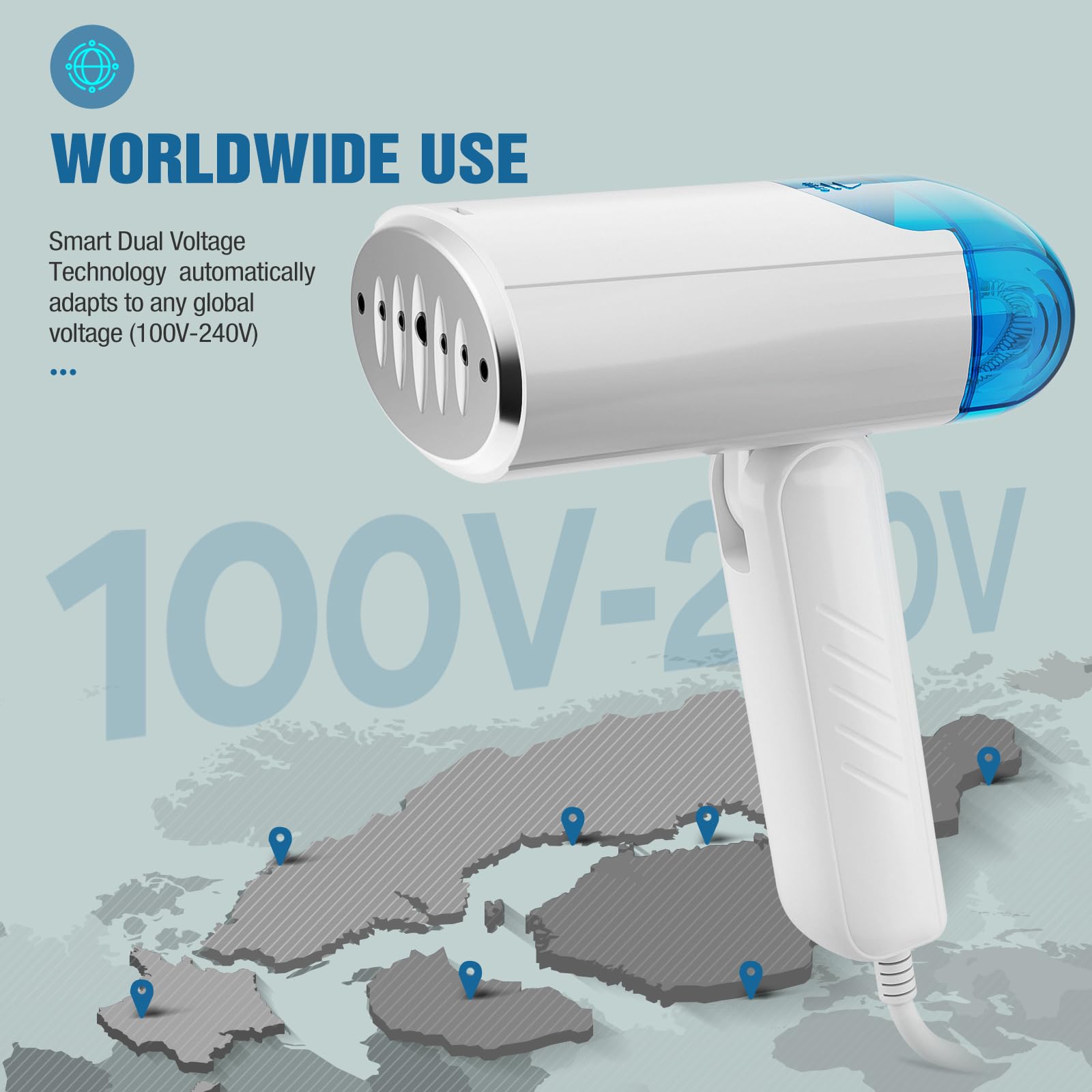 TYY Travel Steamer for Clothes with Dual Voltage 100-240V, Foldable Clothes Steamer Fabric Wrinkle Remover, Portable Handheld Garment Steamer and Steam Iron 2-in-1 for Worldwide Traveling