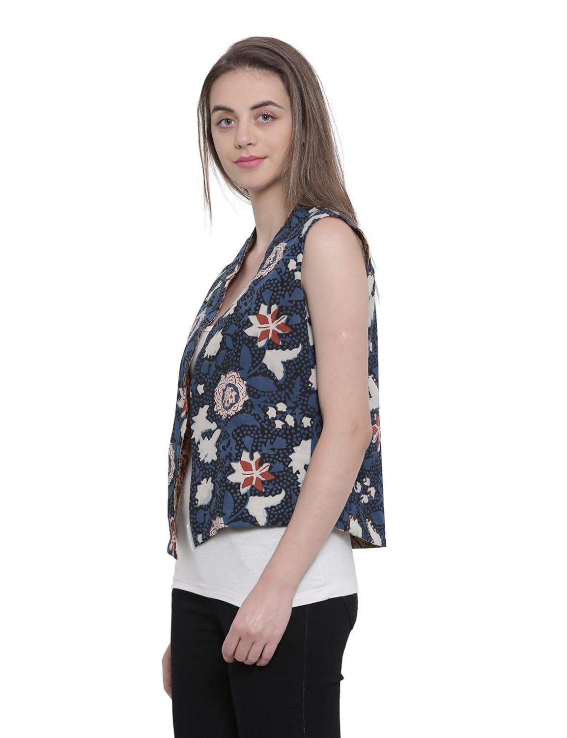 soochirang women's hand block printed sleeveless pure cotton reversible short waist coat