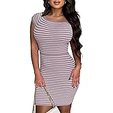 CutieLove Women's Summer Ribbed Knit Dress Striped Short Sleeve Bodycon Casual Mini Dresses